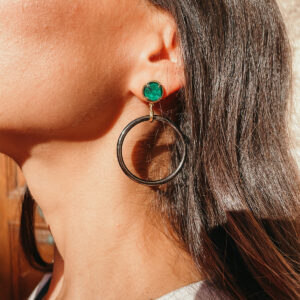 malachite earrings black circle rhodium silver green semiprecious stone