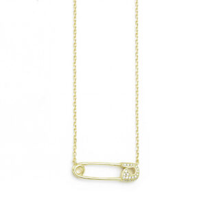 Gold plated silver necklace safety pin paramana asimi epixrisomeno zircon