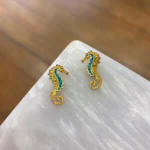 Handmade Seahorse Earrings – Gold-Plated Silver & Blue Crystals | Greek Jewelry , Χειροποίητα Σκουλαρίκια Ιππόκαμπος – Επίχρυσο Ασήμι & Μπλε Κρύσταλλοι | Ελληνικά Κοσμήματα