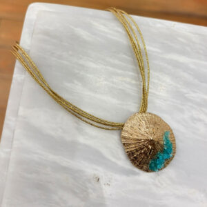 Handmade gold-plated brass necklace with blue crystals and multi-strand golden cord, Χειροποίητο κολιέ από επίχρυσο μπρούτζο με γαλάζιους κρυστάλλους σε πολύσειρο κορδόνι shell κοχύλι